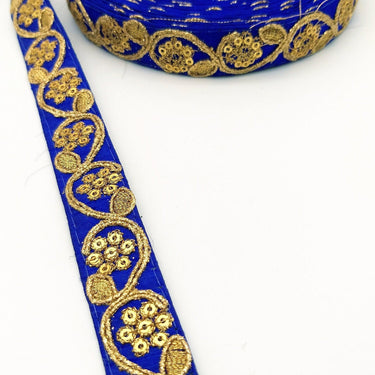 Royal Blue Art Silk Trim with Gold Floral Embroidery and Gold Sequins Indian Sari Border Trim By 3 Yards Decorative Trim Craft Lace